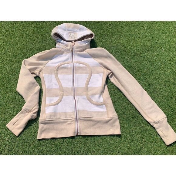 LULULEMON SCUBA cashew white striped FLEECE LINED HOOD HOODIE SWEATSHIRT JACKET - Picture 4 of 10